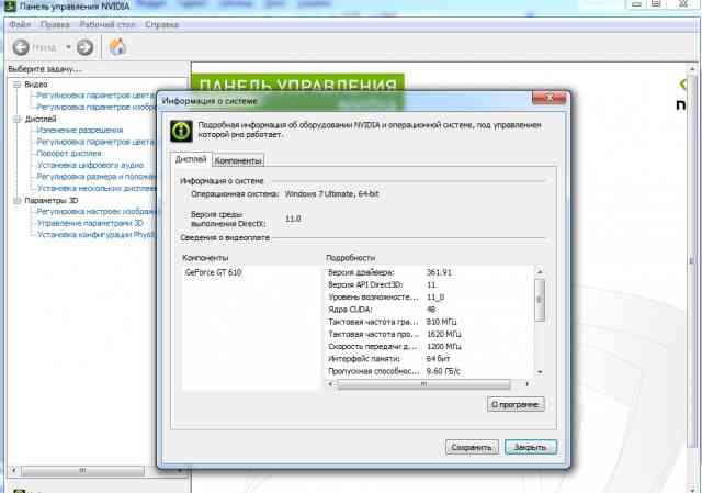 Информация о DirectX, выдаваемая панелью управления графической картой NVidia