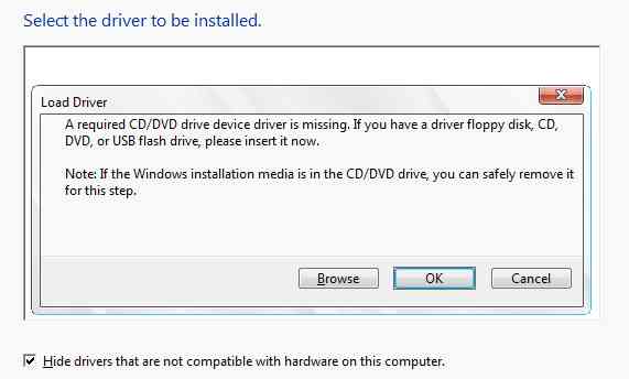 A required CD/DVD drive device driver is missing. If you have a driver floppy disk, CD, DVD, or USB flash drive, please insert it now. 