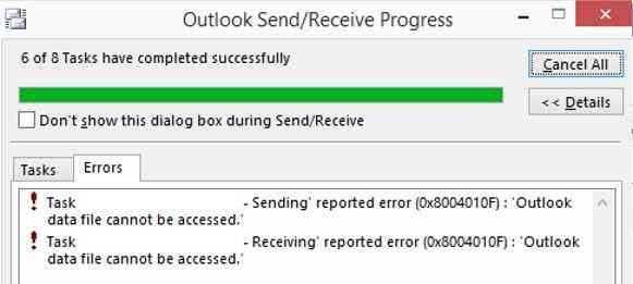 0x8004010F  Outlook data file cannot be accessed