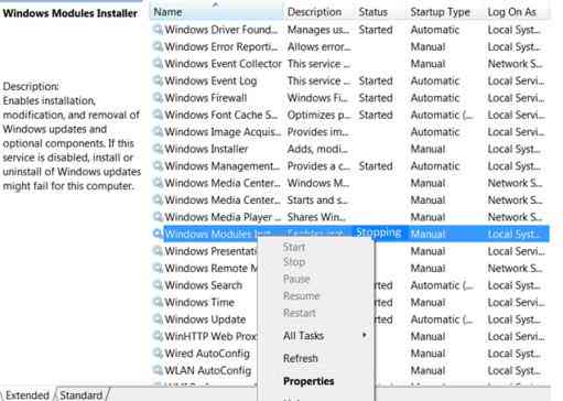 Windows Modules Installer (Установщик модулей Windows), завис в состоянии Stopping