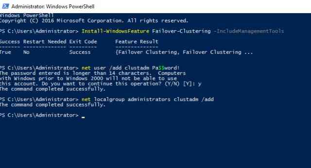 : Install-WindowsFeature Failover-Clustering –IncludeManagementTools
