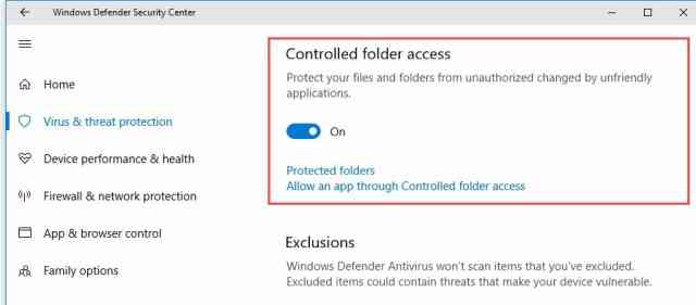 Включить Controlled folder access в Windows 10 Fall Creators Update